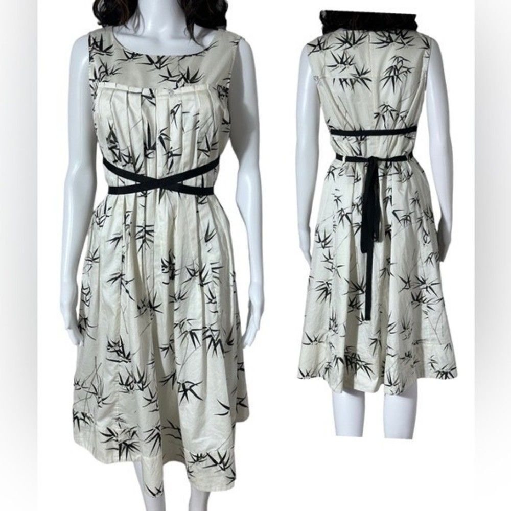 TALBOTS Dark Green & Black Bamboo Print Shift Dress 8 w/ Grosgrain Ribbon Belt